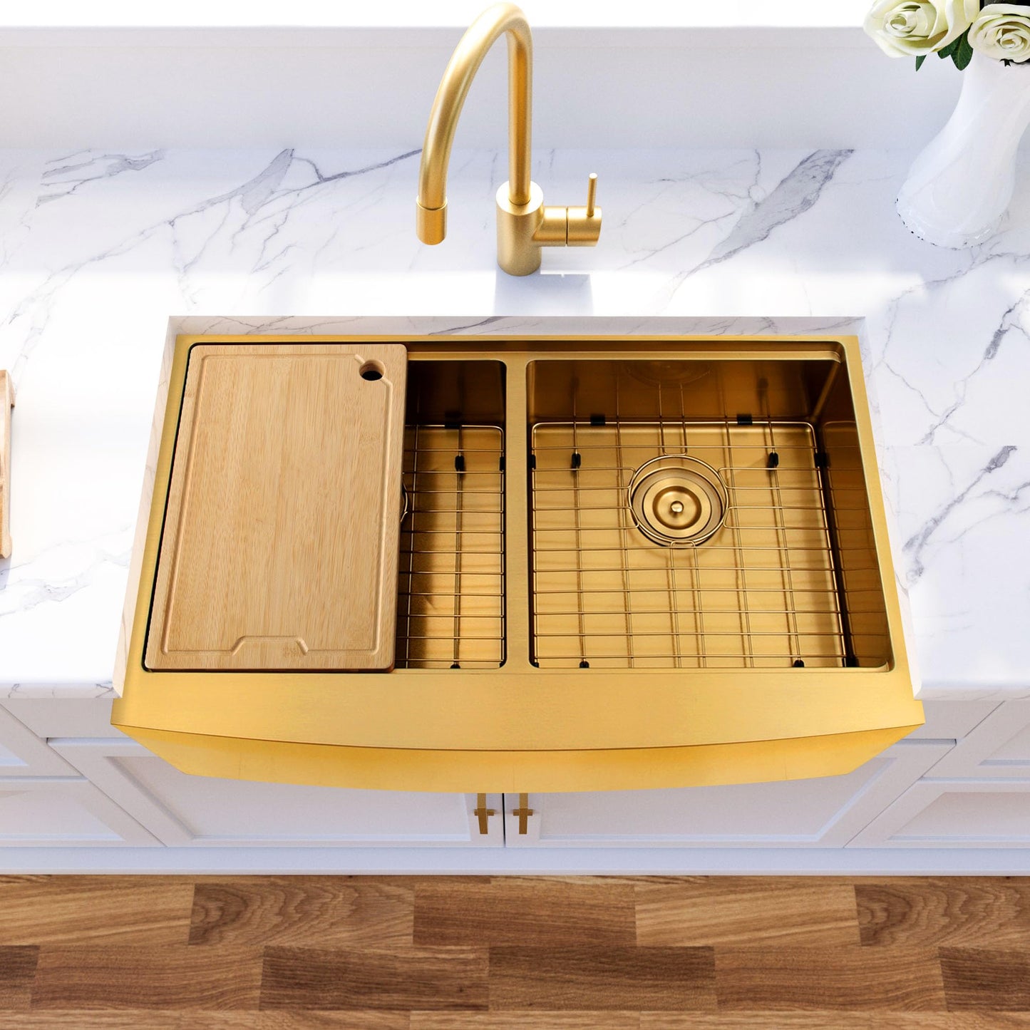 MILOSEN Gold Farmhouse Kitchen Sink, 33x20x10 Inch 50/50 Double Bowl Apron Front Undermount Sink, Gold Stainless Steel Workstation Farm Sinks with Ledge & Accessories, 10'' Deep Handmade Kitchen Sinks