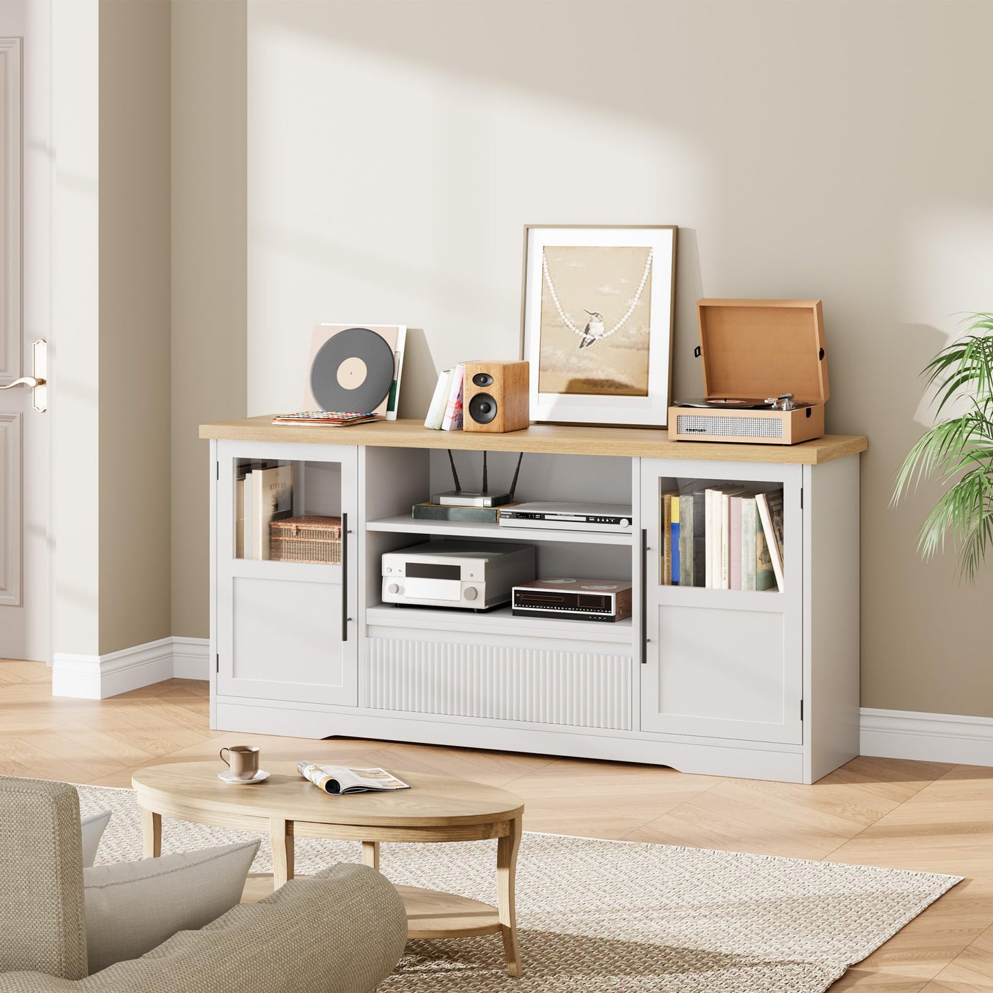 Garvee 63 in Farmhouse TV Stand for TVs Up to 72 in, Wave Pattern Entertainment Center with 2 Glass Door Cabinets & 2 Open Shelves, Sturdy Wood Media Console for Living Room, White & Natural