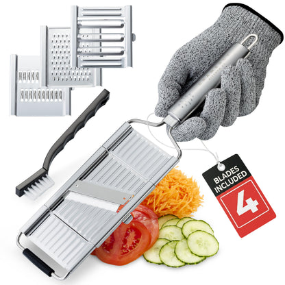 Gramercy Handheld Mandoline Slicer for Kitchen - Stainless Steel Veggie & Fruit Slicer with 4 Blades - Slicer, Julienne & Grater; Cut Resistant Safety Glove & Cleaning Brush Included; Dishwasher Safe