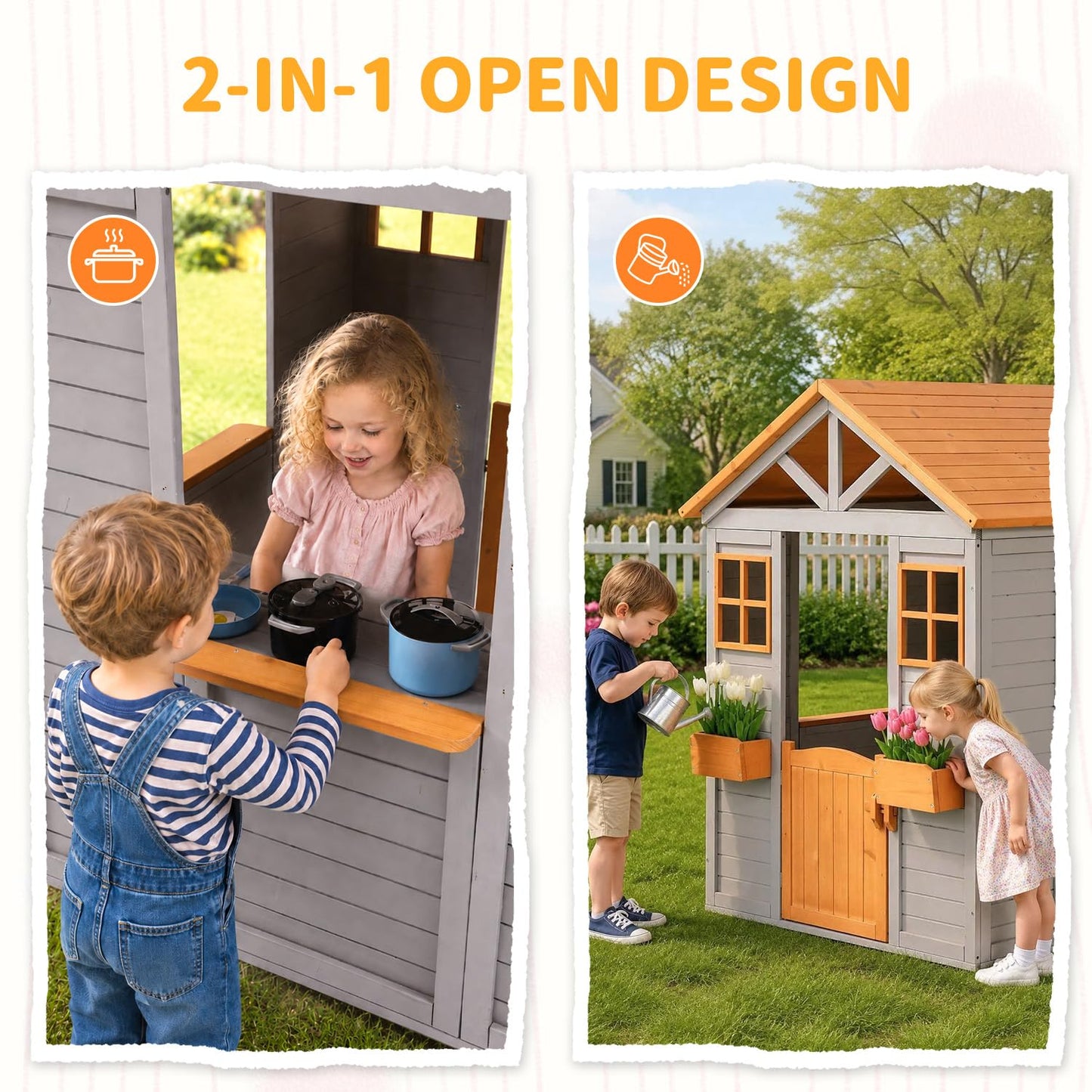 KizzParnrr Wooden Kids Playhouse with Play Kitchen, Half Door Windows, Flowerpot Holders, Toys PlaySet for Backyard Play (Brown and Grey)