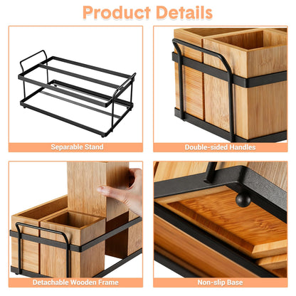 Silverware Caddy Wood Utensil Holder 4-in-1 Bamboo Utensil Caddy with Removable Divider Portable Kitchen & Dining Organizer for Forks, Napkins, Plates, BBQ, Picnic, Camping Countertop Organizing
