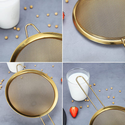 Gold Fine Mesh Strainer 3 Pieces Set, Golden Flour Sifter For Baking, Stainless Steel Clander, Gold Matcha Tea Strainer, Gravy Separator, Stasher Sieve Pasta Strainers