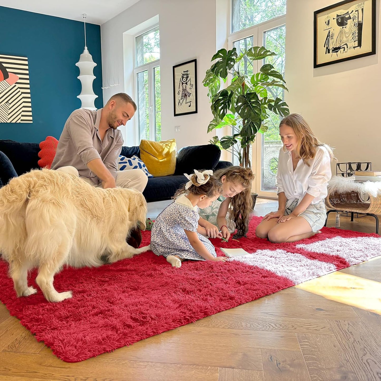 OLANLY Large Area Rug - Soft Fluffy Shaggy Carpet for Living Room & Bedroom | 5x8 Red Indoor Decor
