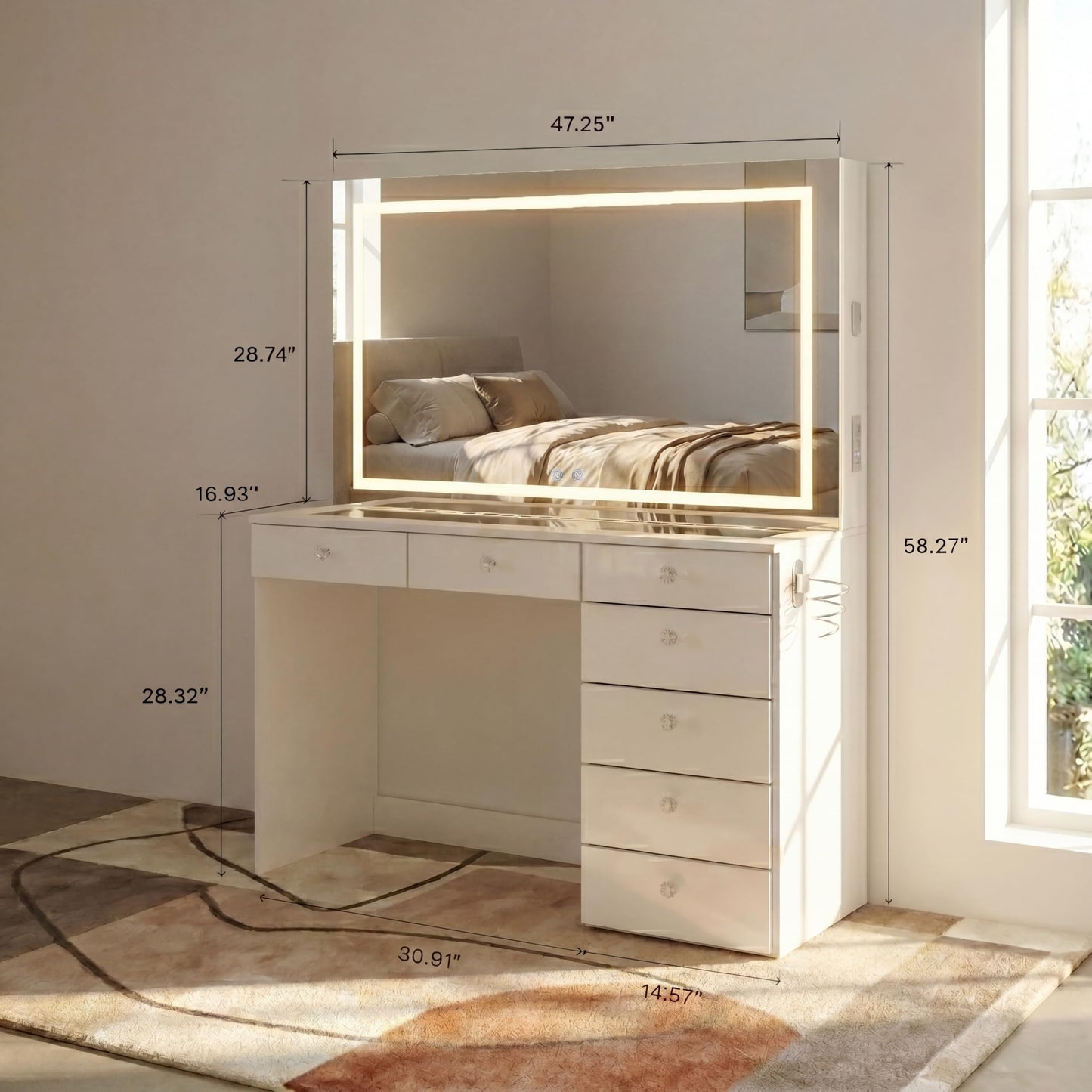 Boahaus Aria Vanity Desk with LED Mirror – 7 Drawer Makeup Station with Integrated Power & Built-in Speakers