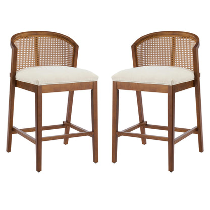 Christopher Knight Home JENA Rattan Counter Stools Set of 2, Counter Height Bar Stools for Bar Table, Rubberwood Frame with Upholstered Barstools, Wood Accent Chair with Footrest, Beige + Walnut