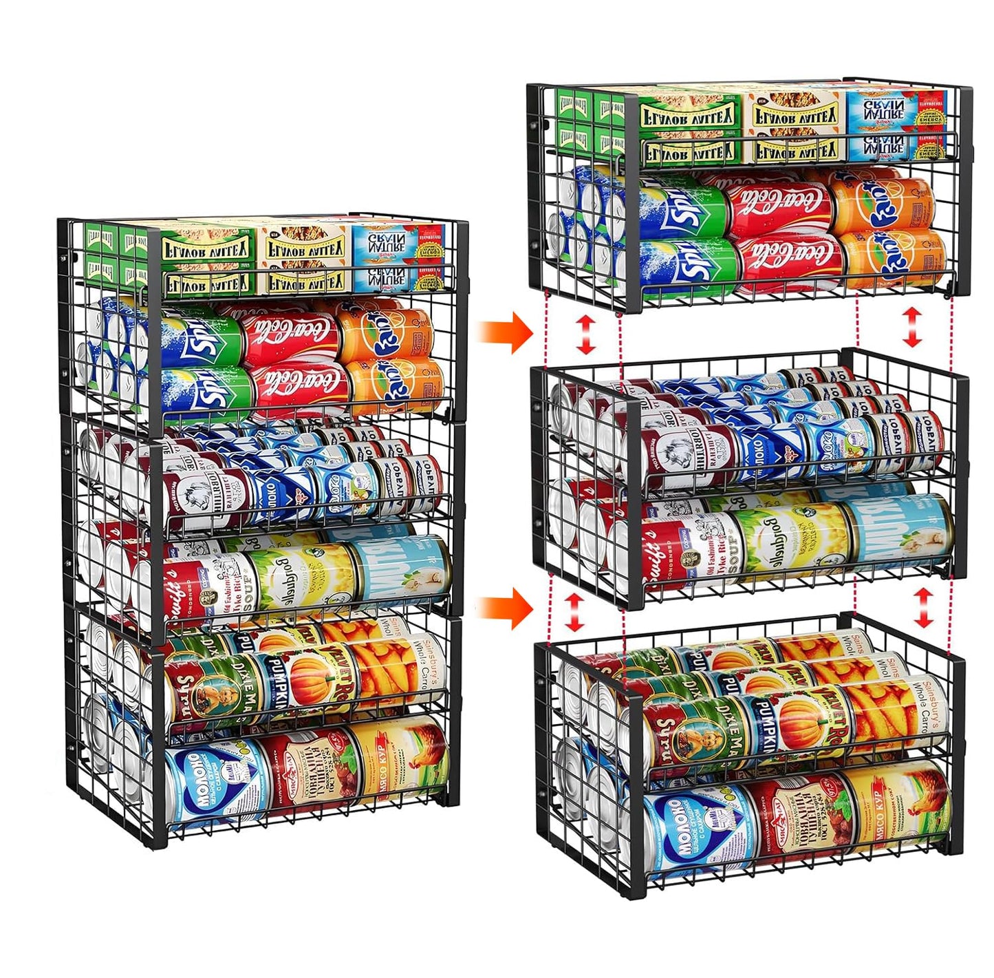 JKsmart 2-Tier Stackable Can Rack Organizer for Pantry, Adjustable Can Dispenser Holds Up to 62 Cans, Can Storage Holder for Various Ounces of Canned Food Soda Drinks, Black, 2 Pack (Petent Pending)