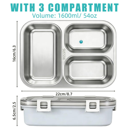 BSTUR Stainless Steel Bento Box for Adults, 3-Compartment Meal Prep Lunch Container with Bottom Tray & Cutlery, Portable for Work, Gym & Travel – Grey