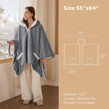 Bedsure Heated Blanket Wearable Shawl - Electric Wrap Poncho Blanket Hoodie for Adult, Birthday Gifts for Mom Women, Sherpa Heating Throw with 4 Time Settings & 6 Heat Settings, 55x64 inches, Grey