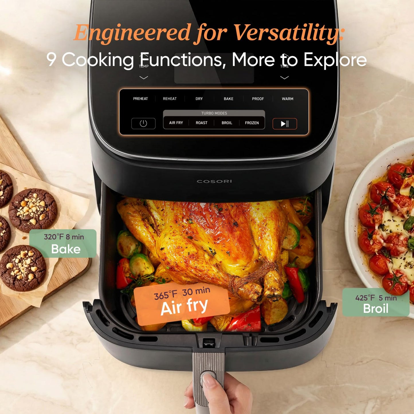 Cosori 9-in-1 TurboBlaze Air Fryer 6 Qt, PFAS-Free Ceramic Coating, 90°–450°F, Precise Heating for Even Results, Air Fry, Roast, Bake, Broil, Dry, Frozen, Proof, Reheat, Keep Warm, 120V, Dark Gray