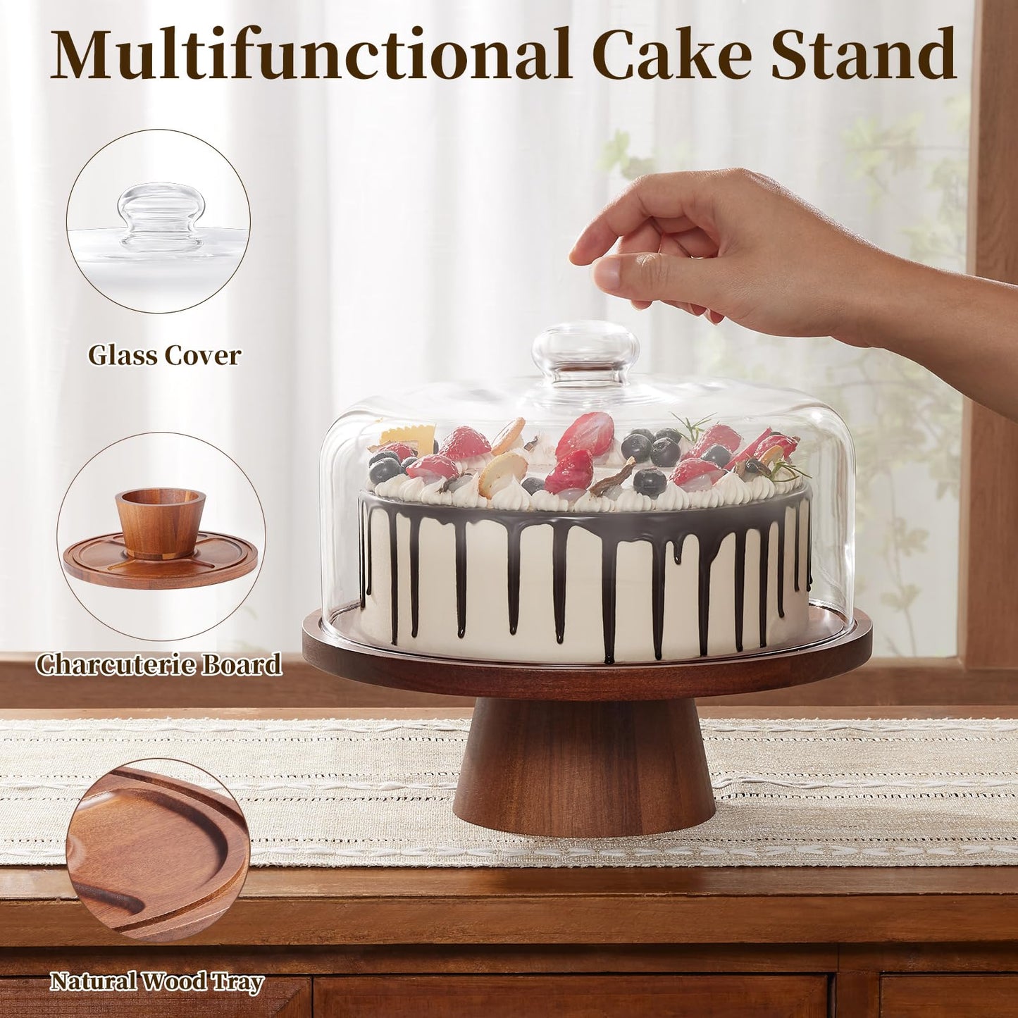 VIVIRBIEN Wooden Cake Stand with Lid, Acacia Cake Stand with Glass Dome, 11-Inch Versatile Dessert Stand with Strong Magnetic Pedestal, Cake Holder for Birthday/Kitchen/Party/Charcuterie