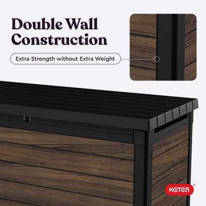 Keter Signature Collection 150 Gallon Resin Deck Box Organization and Storage for Patio Outdoor Cushions, Throw Pillows, Garden Tools and Pool Supplies, Rosewood