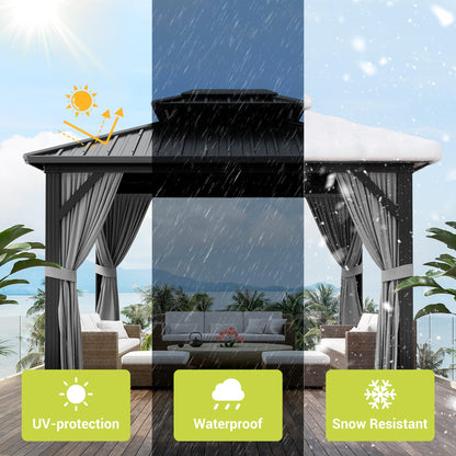 10' x 12' Aluminum Hardtop Gazebo with Double Metal Roof, All-Weather Permanent Outdoor Canopy with Netting & Curtains for Patio, Backyard, Deck, and Lawn