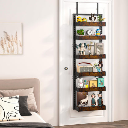BUKFEN 6-Tier Over the Door Pantry Organizer, 2-in-1 Door Hanging or Wall Mounted Spice Rack, Heavy Duty Metal Storage Shelves with Adjustable Wooden Baskets for Kitchen Bathroom Closet