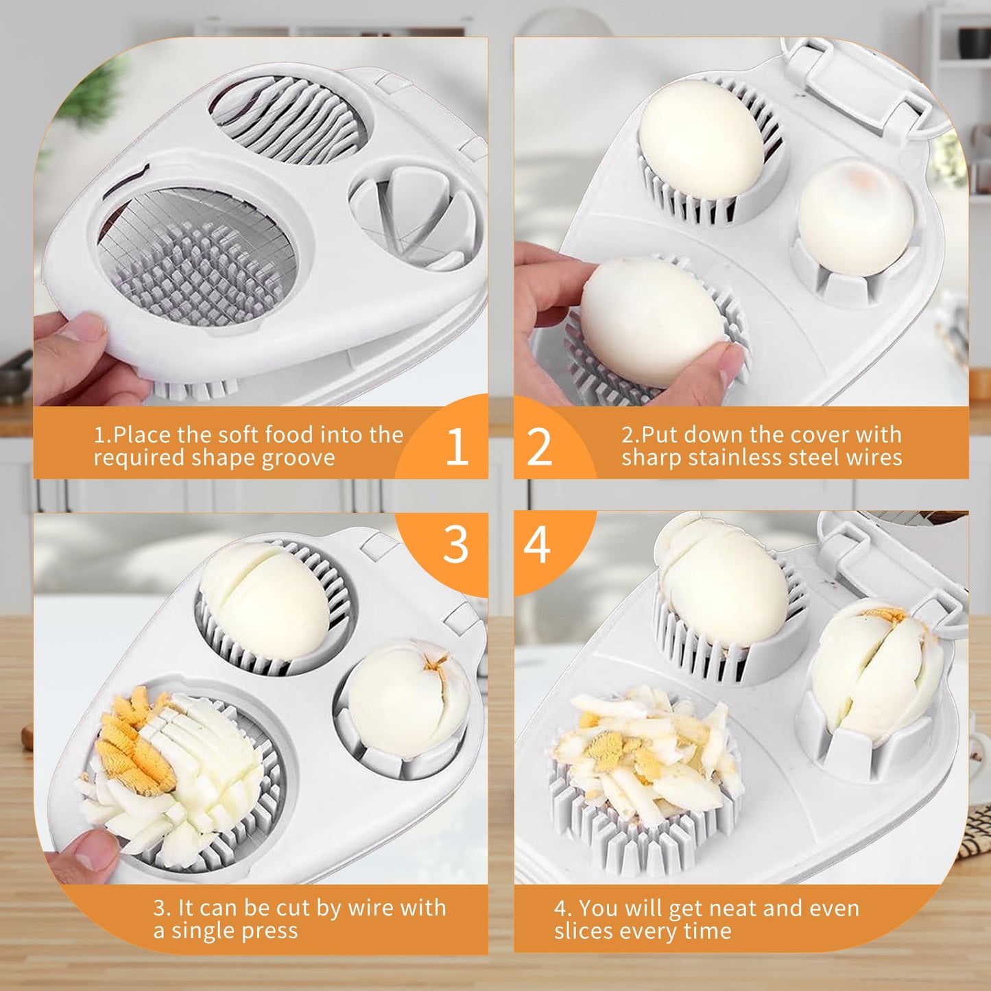 3-in-1 Egg Slicer for Hard Boiled Eggs, Multiple Slice Modes Egg Cutter, Heavy Duty Stainless Steel Chopper Tool, Multipurpose Kitchen Gadgets for Strawberry, Salad, Kiwi, Mushroom, Tomato Prep