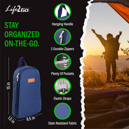 Life 2 Go 12 Pcs Camp Cooking Utensil Set & Outdoor Kitchen Gear Cookware Kit, Portable Compact Carry Case for Camping, Hiking, Travel, BBQ Grilling Stainless Steel Accessories Spoon & Fork, Navy