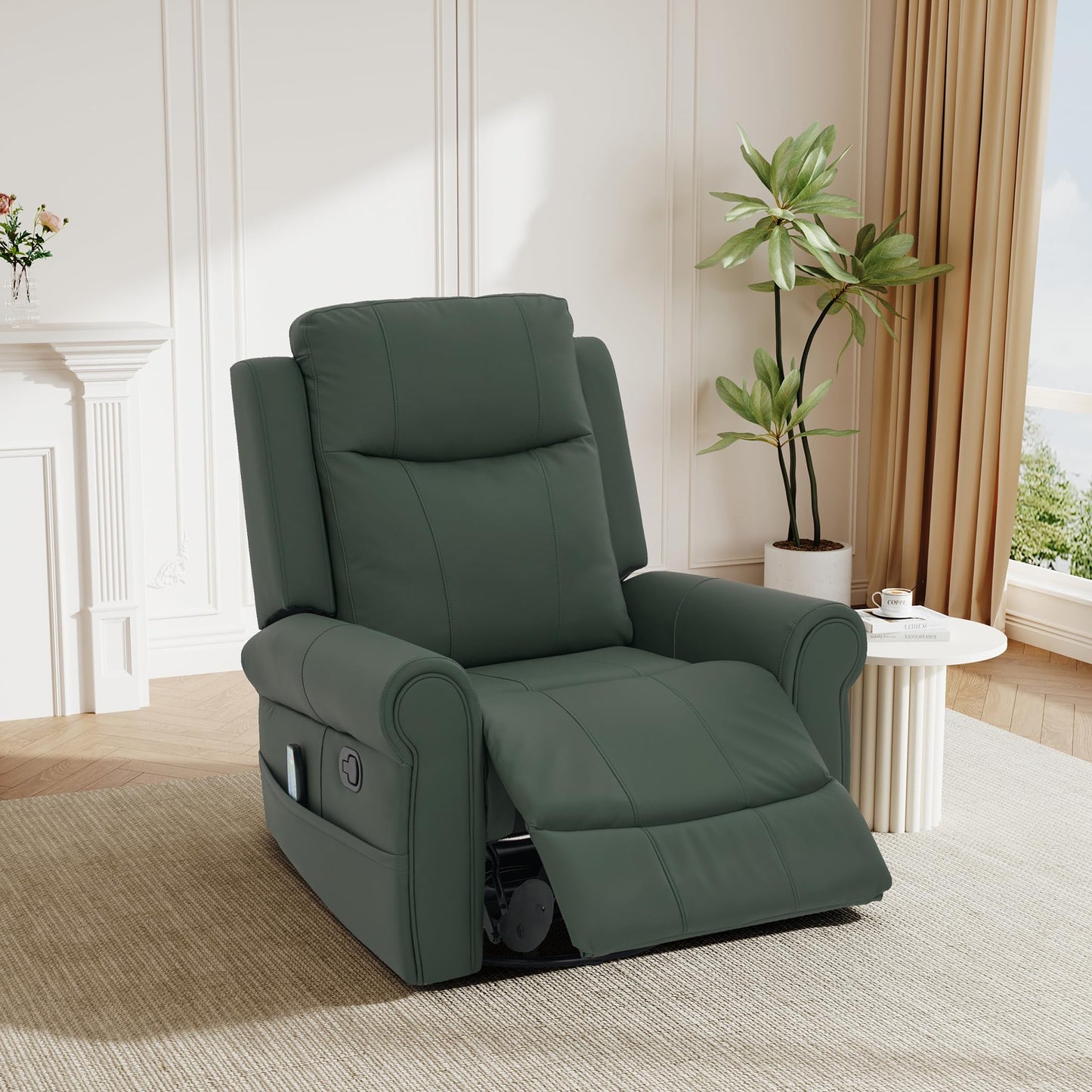 Christopher Knight Home Hayezi 270° Swivel Rocker Recliner, Massage and Heating Chair, PU Leather Living Room Manual Recliner with Dual Reclining Positions & Side Pocket, for Nursery Bedroom, Green