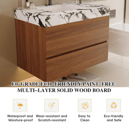 KEIKI 29.9" Bathroom Vanity with Undermount Sink Combo, Modern Floating Vanity Cabinet with 2 Drawers & Open Side Shelves, Storage Wall Mounted Cabinet for Small Space, Walnut Marbe
