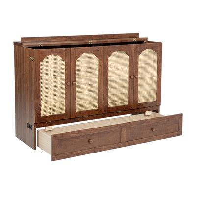 PVWIIK Queen Size Murphy Bed Cabinet with Power Station & Large Drawer for Bedroom,Pine Wood Folding Chest Bed with Rattan Panel, Space-Saving Wall Bed, Walnut