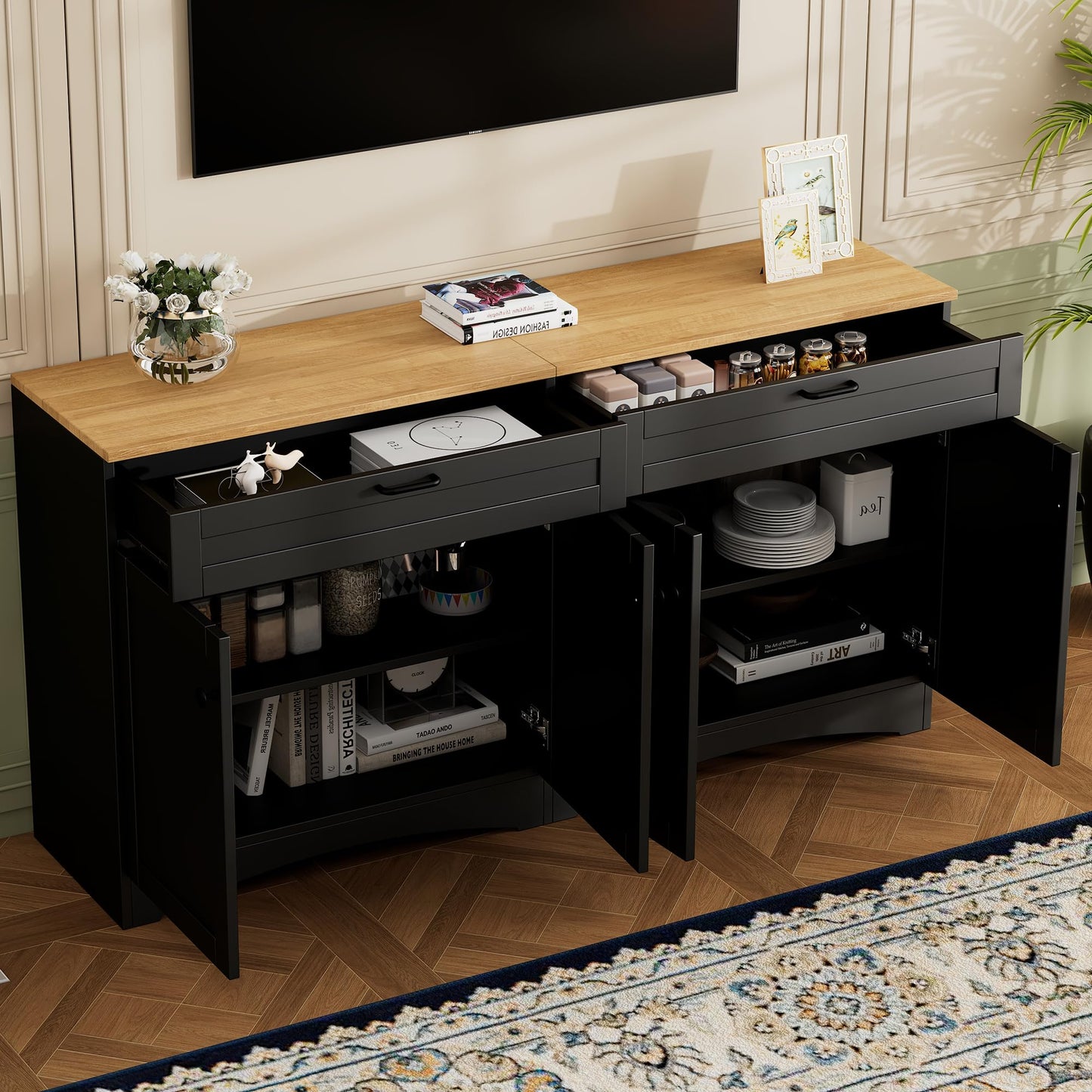 Merax Modern TV Stand Consoles for TVs up to 70'', Mid-Century Solid Wood Entertainment Center with Storage Cabinets, Practical Media Console for Living Room, Bedroom, Black