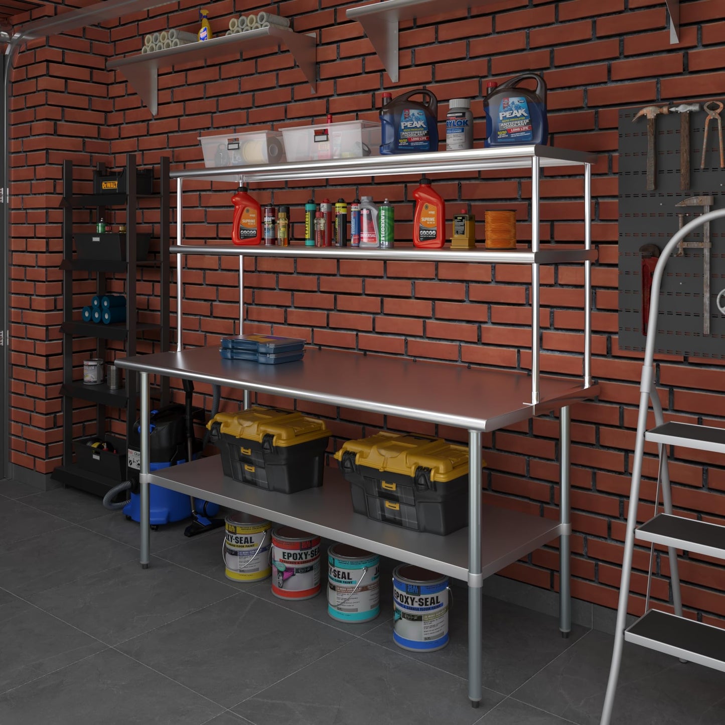 48" x 30" Commercial Stainless Steel Prep Table with 12" x 48" Double Overshelf | NSF Certified Workstation for Kitchen, Bakery, or Utility Use
