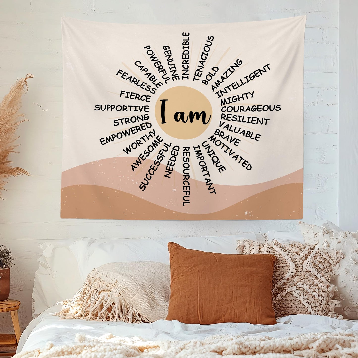 MNOSAIOO Inspirational Boho Sun Wall Tapestry Hanging for Classroom Kids, I Am Brave Important Tapestry, Motivational Mental Health Tapestries Wall Decor for Bedroom Therapy Office Home 60x50 inch