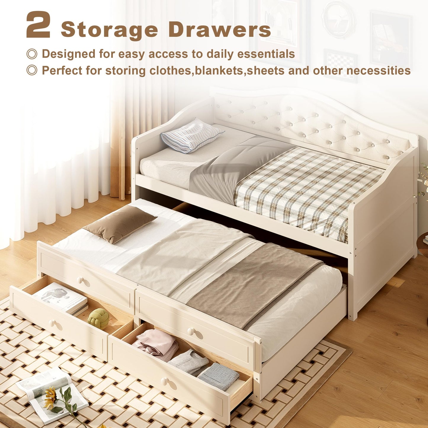 Ball & Cast Twin Size Daybed with Trundle,Wooden Bed w/ 2 Storage Drawers,Sofa Beds w/Upholstered Button Tufted Backrest,Slat Support,for Living Room, Bedroom, Guest Room,Beige