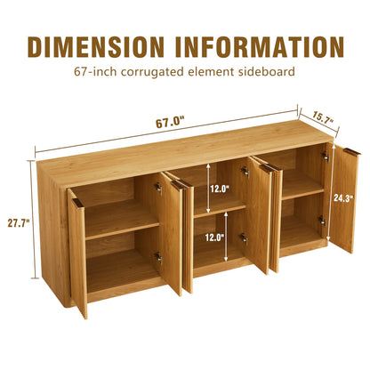 Ball & Cast 67" Modern Fluted Sideboard Buffet Cabinet with Storage,Curved Design Kitchen Coffee Bar Cabinet with 6 Doors & Shelves,Wood Credenza Cabinets Media Console for Living Room,Natural