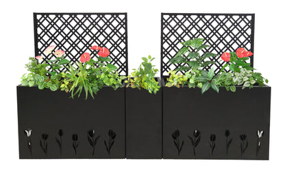 Sailret 3-Piece Metal Planter Box with Trellis, Raised Garden Bed Set with 2 Large & 1 Small Planters, Outdoor Privacy Planter for Patio Garden, Black