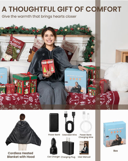 Cordless Heated Blanket with Hood, USB Battery Powered Heated Wearable Blanket with 9 Heating Zones, 20000 mAh Power Bank, 3 Levels, Portable Heated Throw Blanket, Heated Shawl (Warm Comfort Gray)