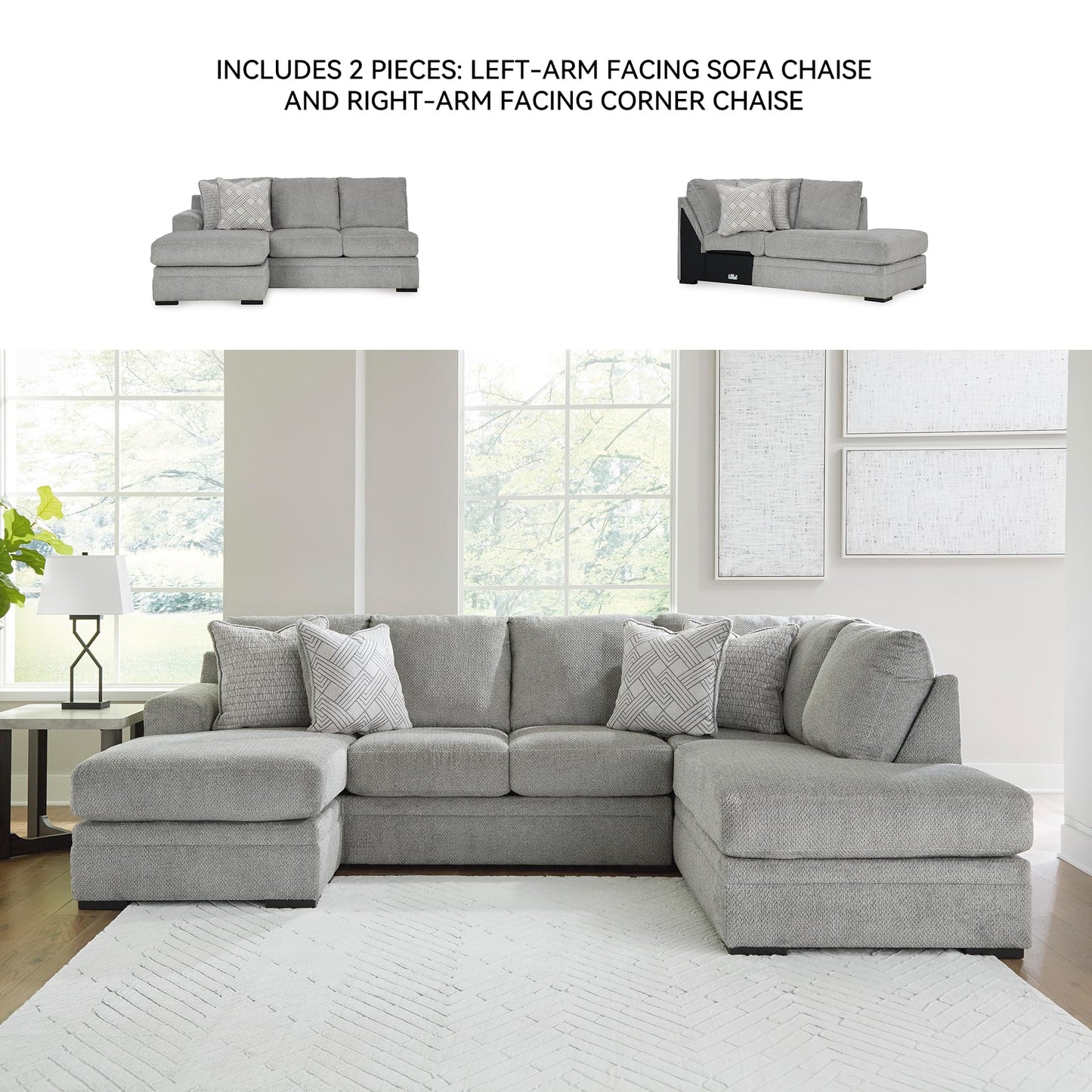 Signature Design by Ashley Casselbury Casual Right-Arm Facing 2-Piece Sectional with Chaise, Loose Seat Cushions and 4 Throw Pillows, Light Gray