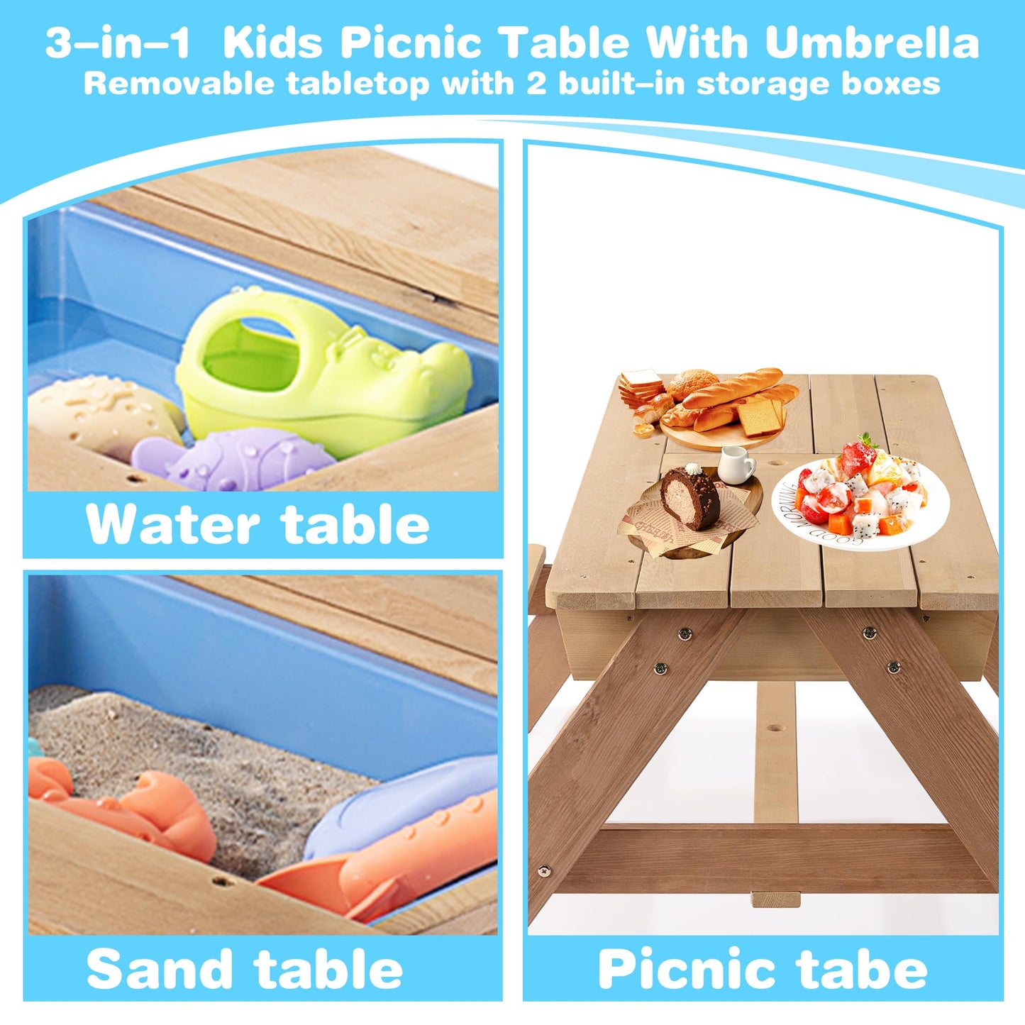 3 in 1 Outdoor Wooden Picnic Table with Umbrella, Convertible Sand Wate, Gray CPSIA Certification