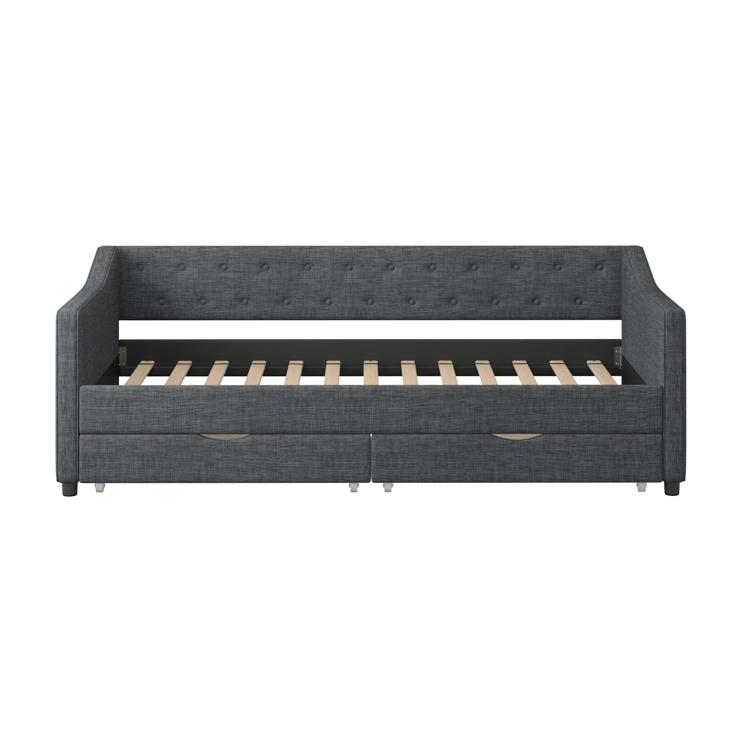 Ball & Cast Full Size Daybed with Two Storage Drawers,Linen Upholstered Day Bed Frame with Button Tufted and Waved Shape Arms, Wood Slat Support,No Box Spring Needed,Dark Grey