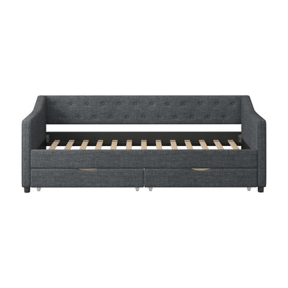 Ball & Cast Full Size Daybed with Two Storage Drawers,Linen Upholstered Day Bed Frame with Button Tufted and Waved Shape Arms, Wood Slat Support,No Box Spring Needed,Dark Grey