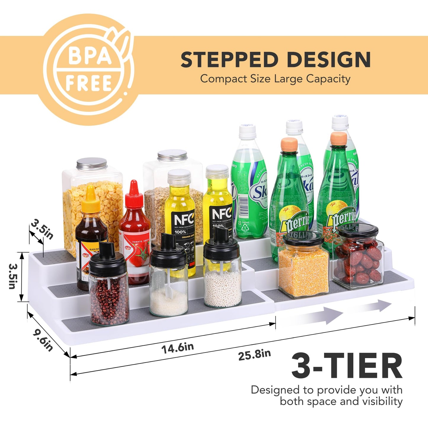CiWiVOKi 3 Tier Expandable Spice Rack Organizer, White/Grey Plastic Spice Rack, Adjustable Length 14.6In-25.8In, 2 Pack Non-Skid Tiered Spice Shelf Organizer for Kitchen Cabinet, Cupboard, Pantry