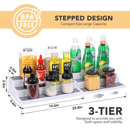 CiWiVOKi 3 Tier Expandable Spice Rack Organizer, White/Grey Plastic Spice Rack, Adjustable Length 14.6In-25.8In, 2 Pack Non-Skid Tiered Spice Shelf Organizer for Kitchen Cabinet, Cupboard, Pantry
