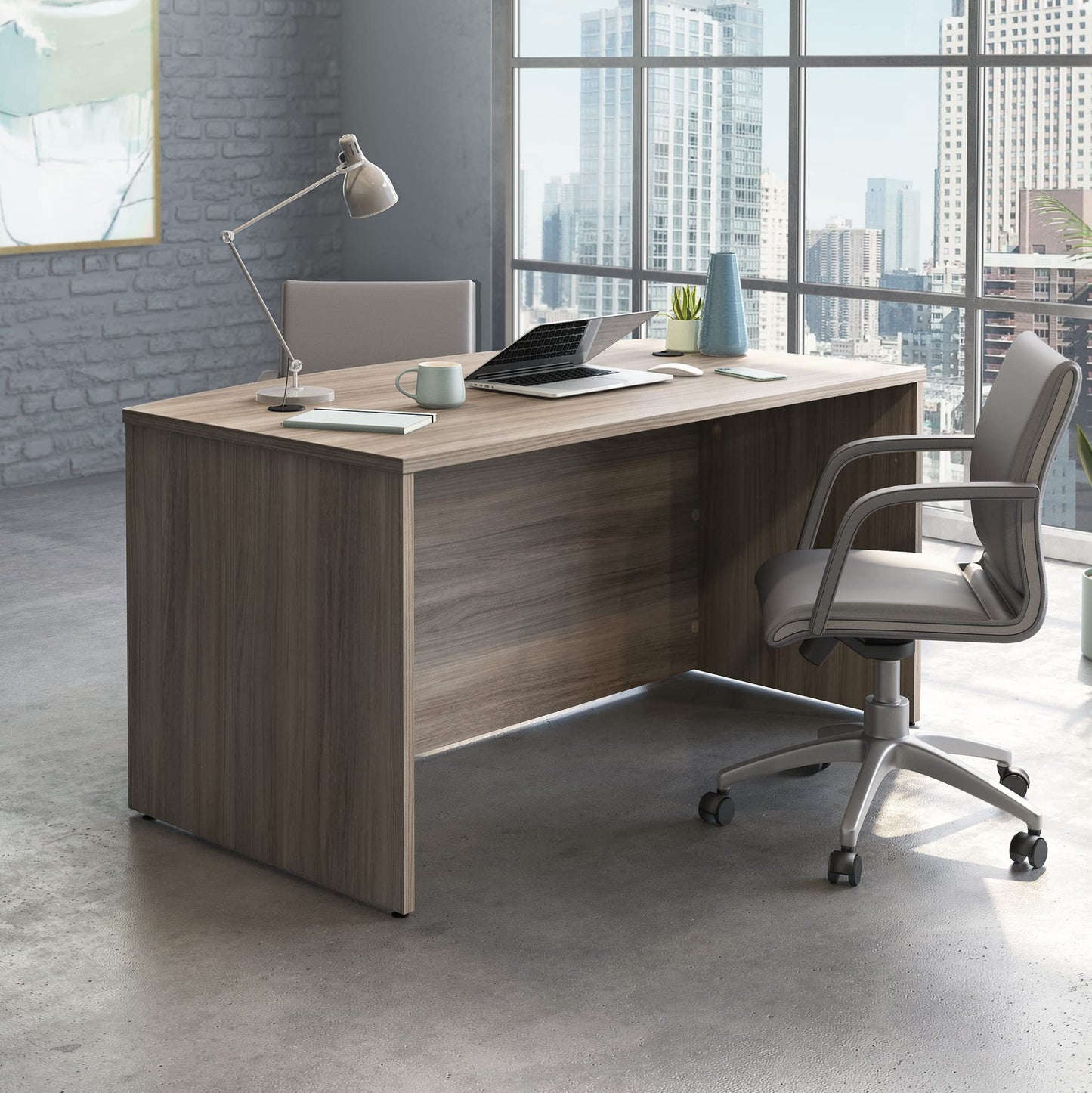 OfficeWorks by Sauder Affirm 60'' Bow Front Desk Shell, L: 34.25'' x W: 59.06'' x H: 29.29'', Hudson Elm