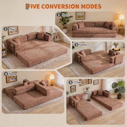 5-in-1 Convertible Sofa Bed Sleeper, 79" Corduroy Floor Couch with 4 Pillows, Boneless Deep Seat Futon Mattress, No Assembly, Modern Lounge Sofa for Living Room, Apartment, Small Spaces, Pink