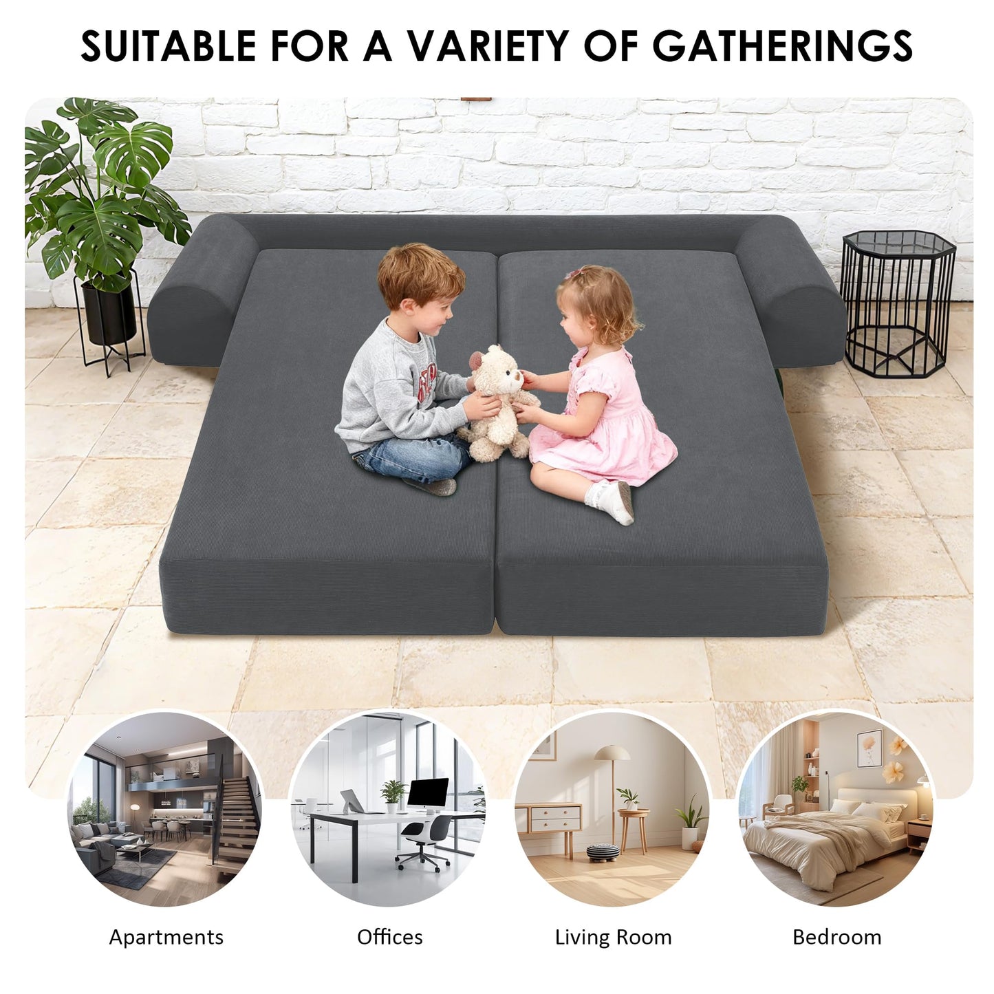 80” Convertible Sofa Bed, Cloud Boneless Couch Floor Sleeper Bed with Pillows, Corduroy Compression Sofa in Box, No Assembly Modular Lounge Couch for Living Room, Smog Gray