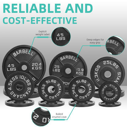 Fitvids 2 Inch Olympic Barbell Weight Plates Set, 255 LB(2.5-45 LB) Barbell Weight Set for Home Gym Strength Training, Deep Grip Edge