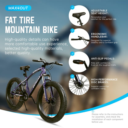 MarKnig 26 inch Fat Tire Mountain Bike with 4 inch Knobby Tires, 21 Speed MTB with Dual Disc Brake, Anti-Slip Fat Bike with Front Suspension, High Carbon Steel Frame, Men and Women (Blue-Purple)