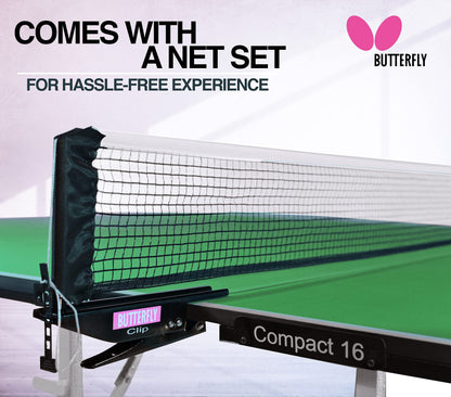 Butterfly Compact 16 Ping Pong Table | 3 Year Warranty Table Tennis Table | Ships Fully Assembled | Space Saver Ping Pong Table for Your Game Room | Ping Pong Net Set Included, Green, Full Size Table