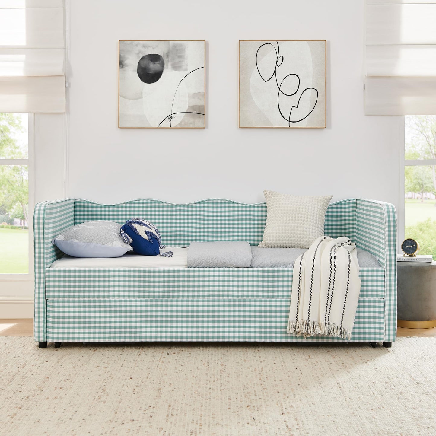 KEIKI Twin Size Upholstered Gingham Daybed with Trundle, Twin to King Design Adorable Wave Shaped Extendable Sofa Bed, Easy Assembly, No Box Spring Required, for Living Room & Bedroom, Cyan