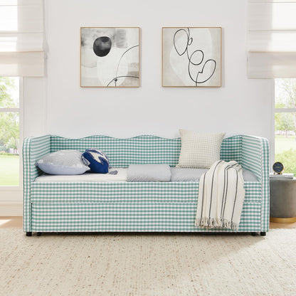 KEIKI Twin Size Upholstered Gingham Daybed with Trundle, Twin to King Design Adorable Wave Shaped Extendable Sofa Bed, Easy Assembly, No Box Spring Required, for Living Room & Bedroom, Cyan