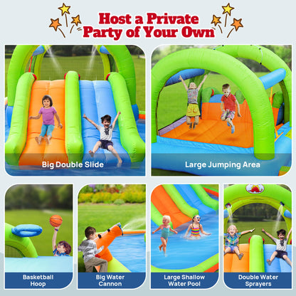 WELLFUNTIME Inflatable 2-in-1 Water Slide Bouncy Castle with Blower, Jumping House with Double Slide & Basketball Ring for Kids, Jumping Area for 3 Kids