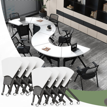 JFazzruit Folding Conference Table,Fan-Shaped Conference Room Tables with Wheels, Mobile Modular Seminar Meeting Desk for Classrooms,Office & Seminar (8, Fan-White)