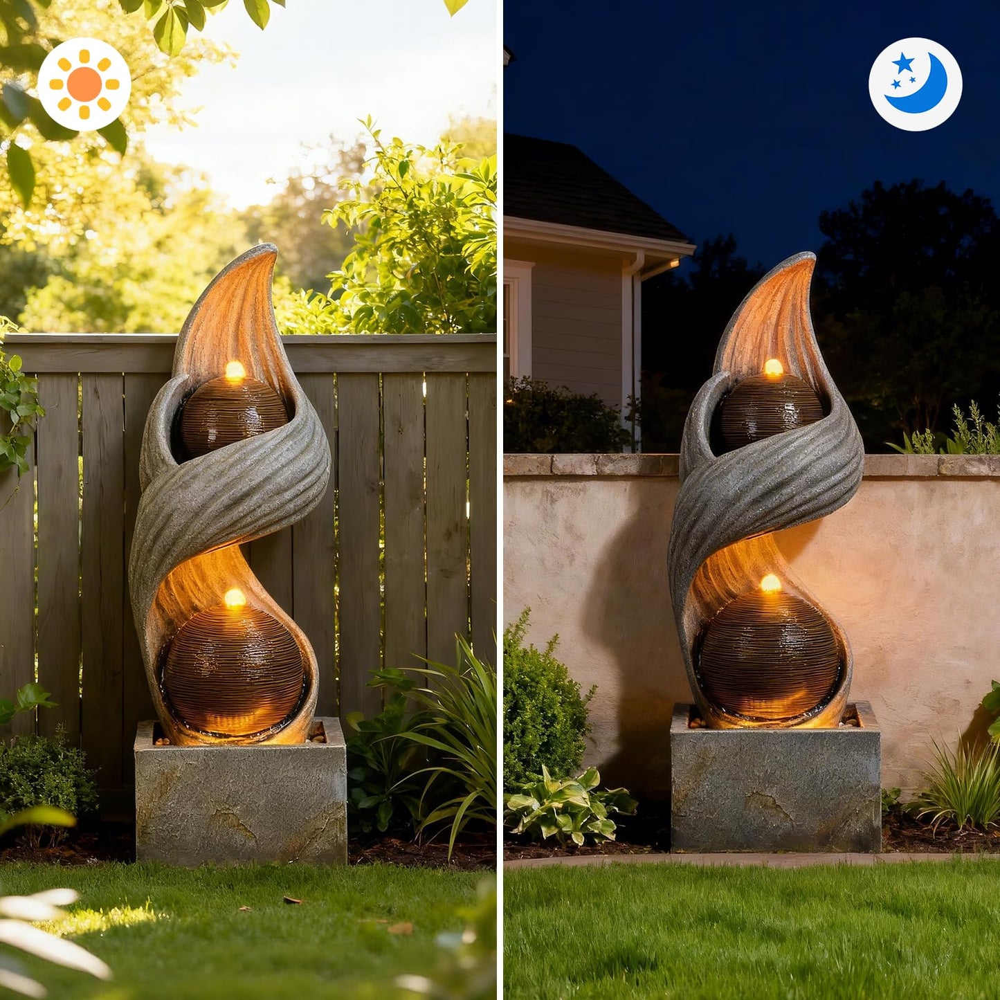 42.9"H Large Indoor Water Fountains,Modern Spiral Water Fountain Outdoor with Dual Spheres Zen Water Feature Floor Fountain with Light LED Waterfall for Outside Deck, Patio, Porch, Garden, Yard Decor