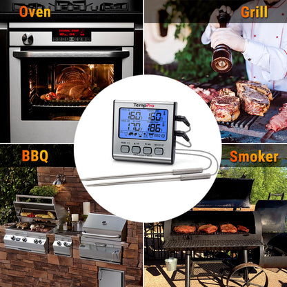 TempPro TP17 Dual Probe Digital Cooking Meat Thermometer Large LCD Backlight Food Grill Thermometer with Timer Mode for Smoker Kitchen Oven BBQ, Silver (Previously ThermoPro)