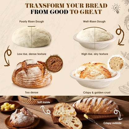 Sourdough Starter Kit with Aliquot Jar, Wood Pulp 9" Round & 10" Oval Bannetons & 34 oz Sourdough Starter Jar & Bread Sling Scrapers & Bag Complete Sourdough Baking Supplies