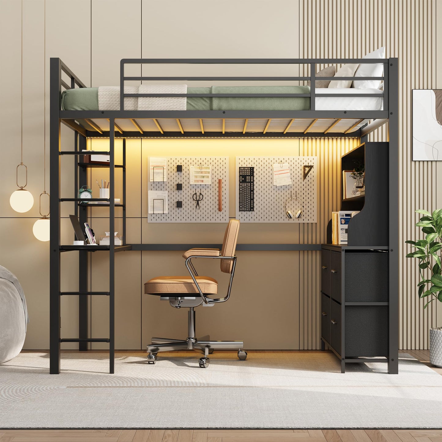 Twin Size Loft Bed with Desk, 4 Large Fabric Drawers and Open Shelves, Heavy Duty Metal Loft Bed with LED Lights, Power Outlets, Safety Guardrails & Ladder, Space Saving, No Box Spring Needed, Black