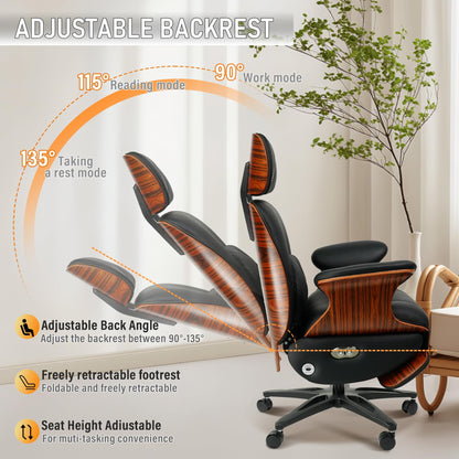 Genuine Leather Office Chair with Electric Reclining, Footrest, Lifting and Massage Function, 350lbs Capacity Ergonomic Executive Chair with Alu Base and 360° Wheels for Home Living Room